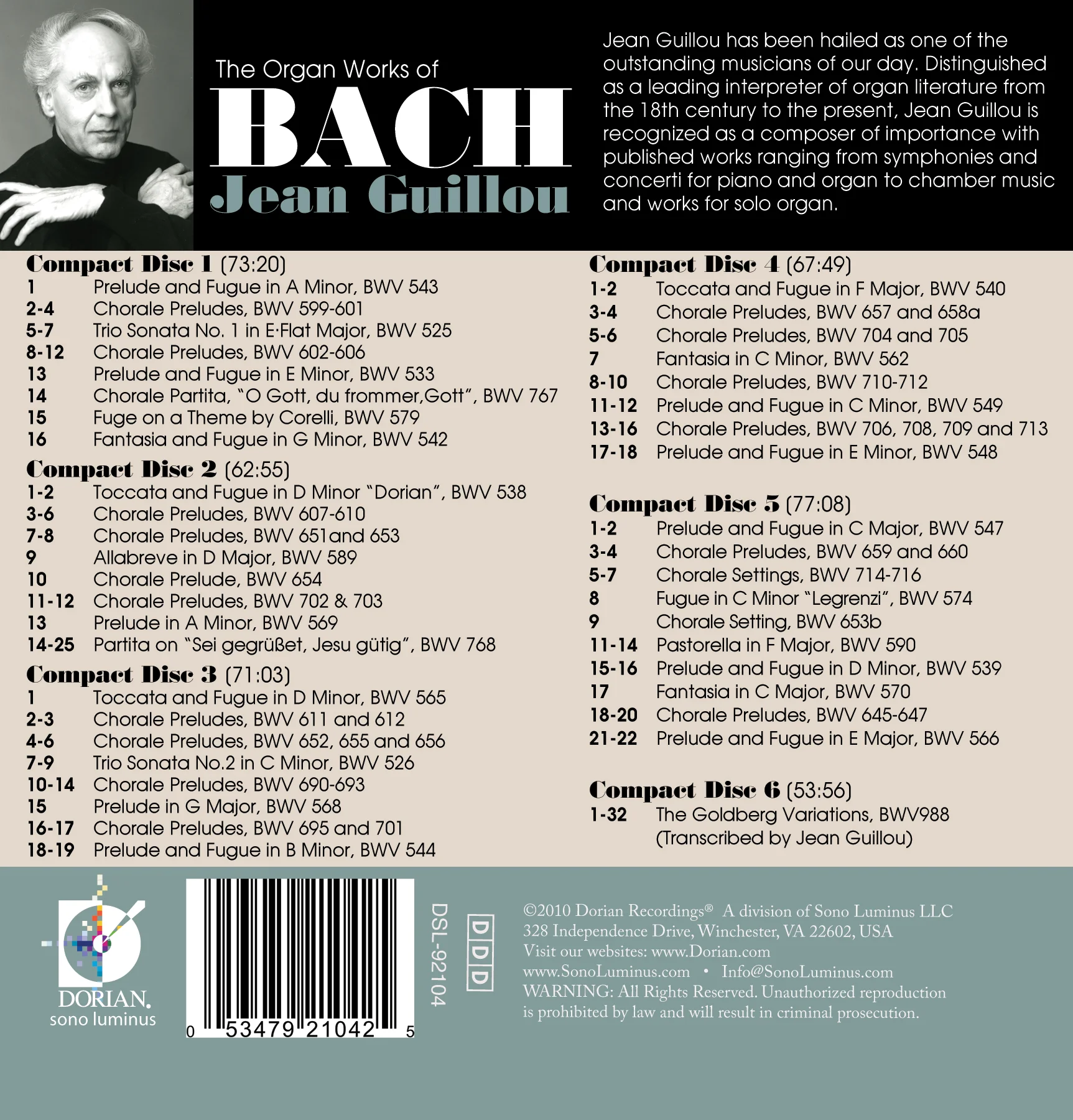 The Organ Works of Bach — Sono Luminus | Recording Studio & Record